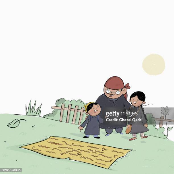 kashmiri family in sunny rural field, jammu and kashmir - bed sheets stock illustrations