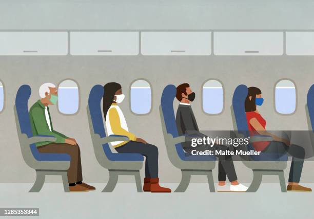 passengers in face masks riding in airplane - protective workwear stock illustrations