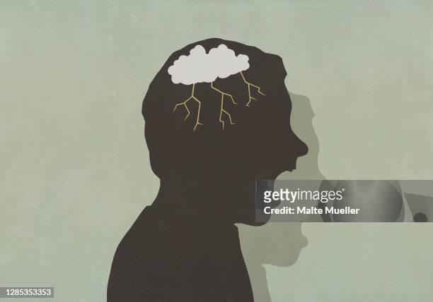 silhouette angry man with storm cloud in head screaming - verärgert stock-grafiken, -clipart, -cartoons und -symbole