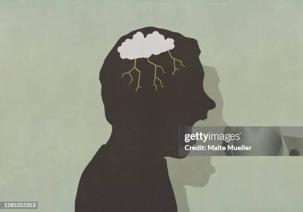 ilustraciones, imágenes clip art, dibujos animados e iconos de stock de silhouette angry man with storm cloud in head screaming - looking ill humored