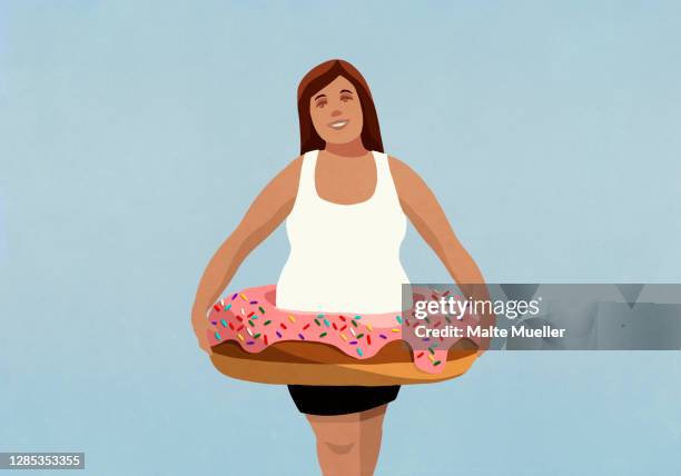 illustrations, cliparts, dessins animés et icônes de portrait overweight woman wearing inflatable donut ring - dieting