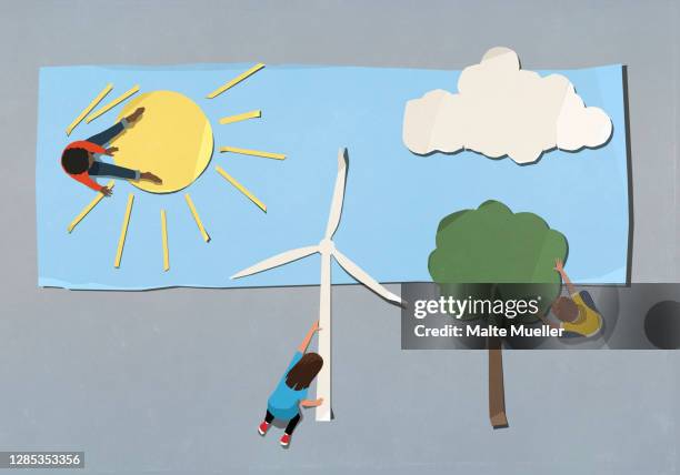kids arranging environment and wind turbine symbols - nachhaltige energie stock-grafiken, -clipart, -cartoons und -symbole