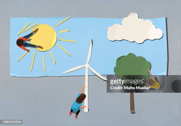 illustrazioni stock, clip art, cartoni animati e icone di tendenza di kids arranging environment and wind turbine symbols - arti e mestieri