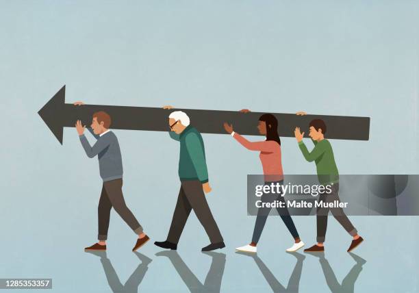 multiethnic community carrying large arrow - aktiver senior stock-grafiken, -clipart, -cartoons und -symbole