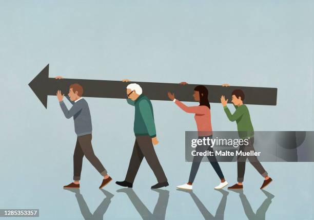 ilustrações de stock, clip art, desenhos animados e ícones de multiethnic community carrying large arrow - senior people full body