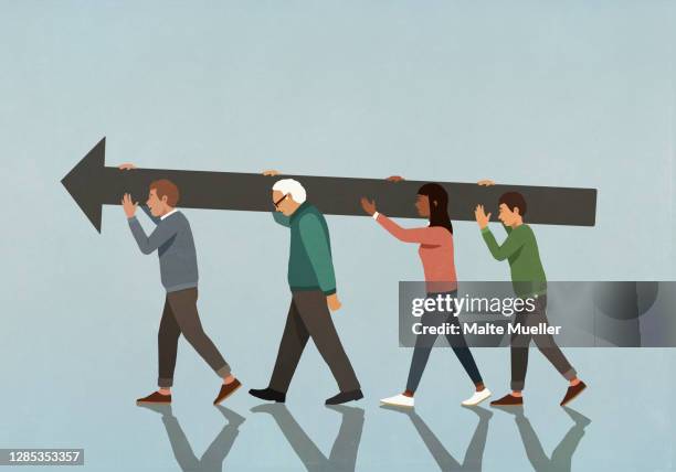 multiethnic community carrying large arrow - active seniors stock illustrations