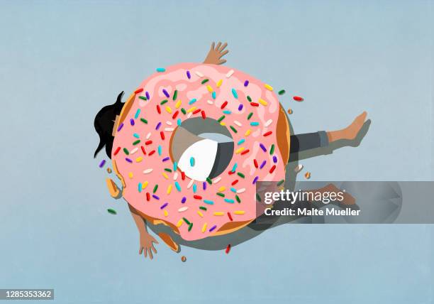 ilustraciones, imágenes clip art, dibujos animados e iconos de stock de large sprinkle donut crushing woman - donuts