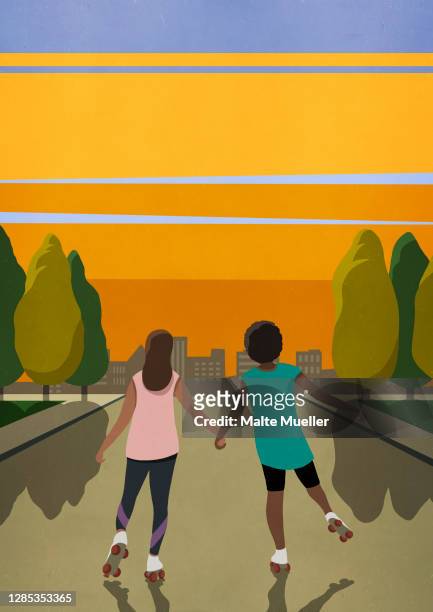 carefree women friends roller skating on street at sunset - sports stock illustrations