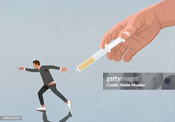 large hand with vaccine syringe chasing running man - refusing点のイラスト素材／クリップアート素材／マンガ素材／アイコン素材