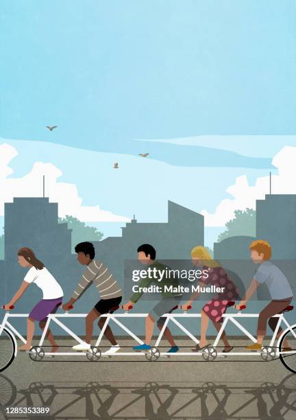 diverse friends riding tandem bicycle in city - fünf personen stock-grafiken, -clipart, -cartoons und -symbole