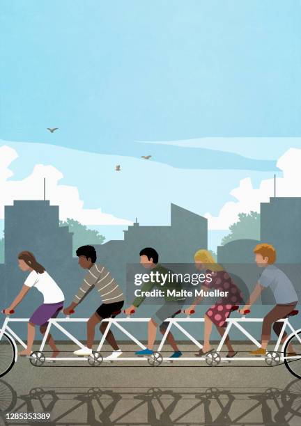 diverse friends riding tandem bicycle in city - five friends unity stock illustrations