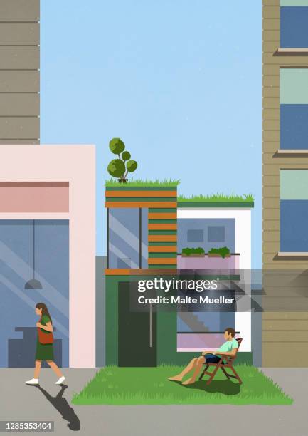 couple in sunny grass and driveway of modern house - modern house exterior stock illustrations