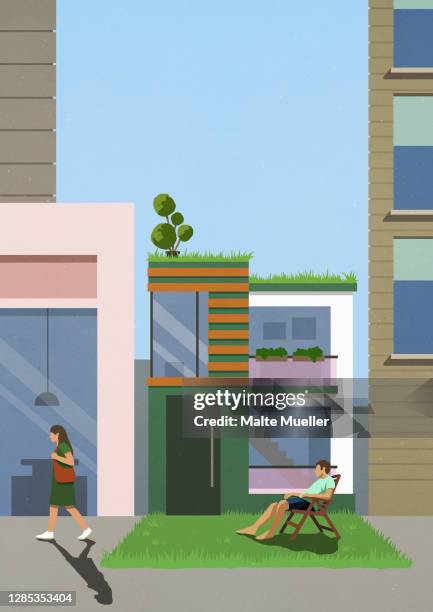 couple in sunny grass and driveway of modern house - home exterior stock illustrations