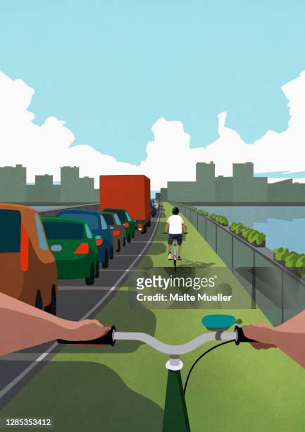 pov bicycles in green lane passing cars in urban traffic jam - sonnig stock-grafiken, -clipart, -cartoons und -symbole