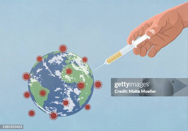 hand injecting coronavirus globe with vaccination syringe - respiratory disease stock illustrations