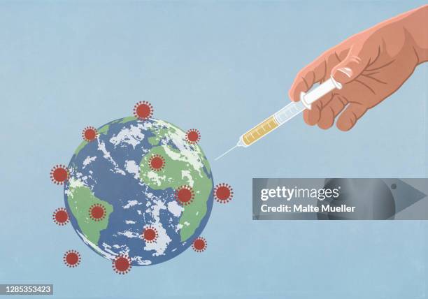 hand injecting coronavirus globe with vaccination syringe - stem stock illustrations stock illustrations