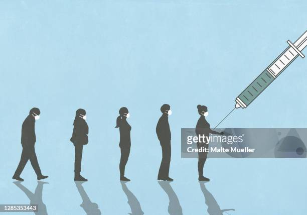 people in face masks waiting in line for vaccination - small group of people stock illustrations