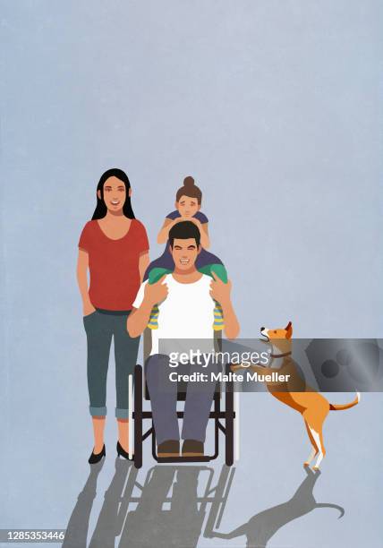 portrait happy man in wheelchair with family and dog - man standing stock illustrations