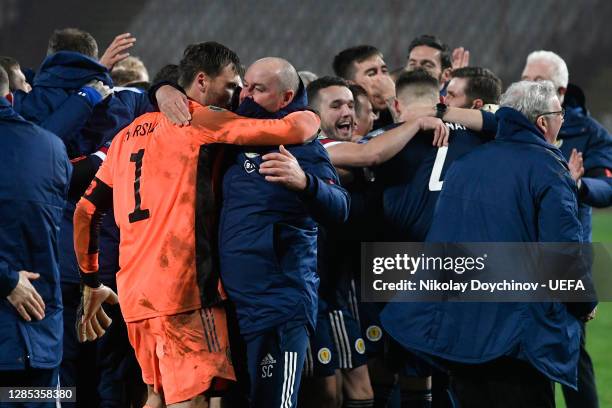 Steve Clarke, Head Coach of Scotland celebrates with David Marshall of Scotland after the UEFA EURO 2020 Play-Off Final between Serbia and Scotland...
