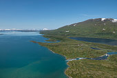 Aerial view over lake Virihaure from airtaxi, Padjelanta national park, Lapland, Sweden