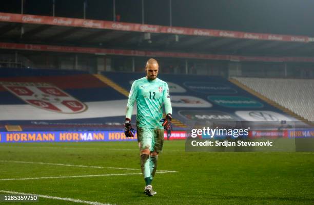 Predrag Rajkovic of Serbia reacts after the UEFA EURO 2020 Play-Off Final between Serbia and Scotland at Rajko Mitic Stadium on November 12, 2020 in...