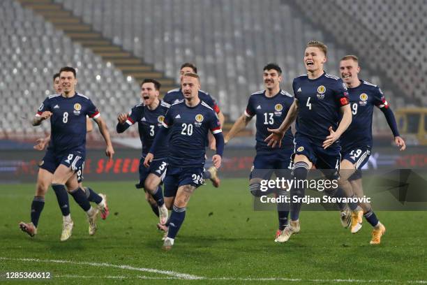 Scotland team celebrate after their victory in the UEFA EURO 2020 Play-Off Final between Serbia and Scotland at Rajko Mitic Stadium on November 12,...