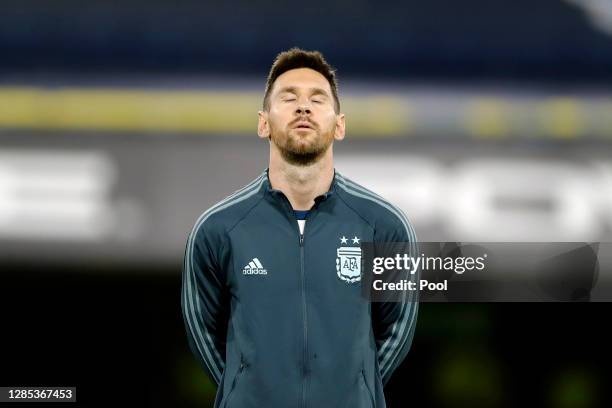 Lionel Messi of Argentina closes his eyes during the national anthem prior to a match between Argentina and Paraguay as part of South American...