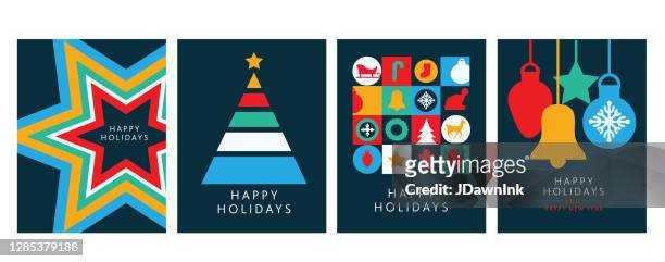 happy holidays greeting card flat design templates with geometric shapes and simple icons - public celebratory event stock illustrations