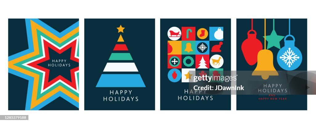 快樂假期賀卡平面設計範本與幾何形狀和簡單的圖示