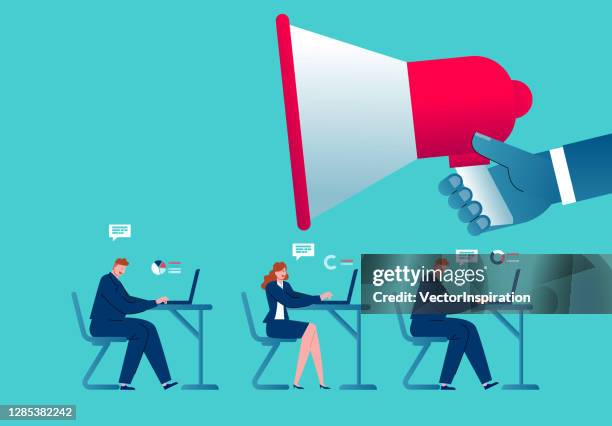 the foreman took the megaphone and urged the employees to work quickly - foreman stock illustrations