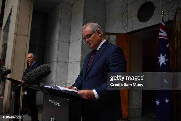 Prime Minister Scott Morrison during a press conference in the Prime Minister's courtyard on November 13, 2020 in Canberra, Australia. Prime Minister...