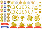 A set of simple ranking icons. Variation set of medals, trophies, crowns, laurel wreaths, shields, etc.