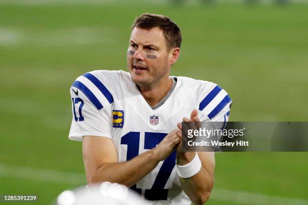 Philip Rivers of the Indianapolis Colts watches action during a game against the Tennessee Titans at Nissan Stadium on November 12, 2020 in...