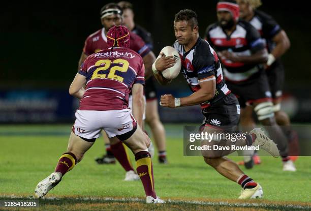 Alamanda Motuga of Counties is challenged by Greg Dyer of Southland during the Mitre 10 Cup Rd 10 - Counties Manukau v Southland on November 13, 2020...