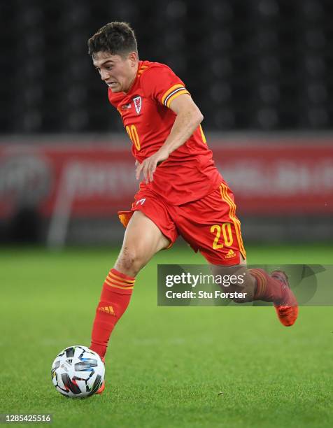 Wales player Daniel James in action during the international friendly match between Wales and the USA at Liberty Stadium on November 12, 2020 in...