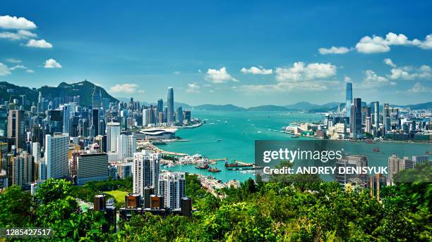 aerial view of hong kong. financial downtown - porto di victoria hong kong foto e immagini stock