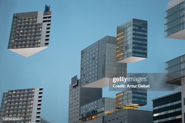 building blocks levitating in the city during blue hour like 3d puzzle. - architecture structure imagens e fotografias de stock