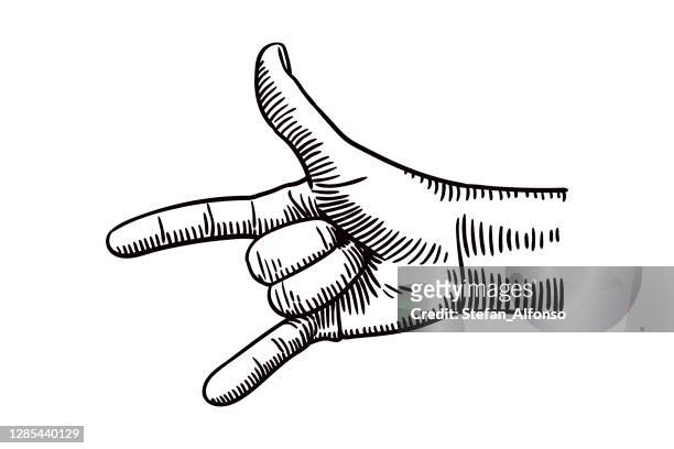 vector drawing of a hand with thumb, index and little fingers extended - horn sign stock illustrations