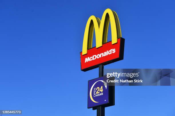 The American fast food company, McDonalds logo is seen outside one of its stores on November 13, 2020 in Stoke-on-Trent, Staffordshire .