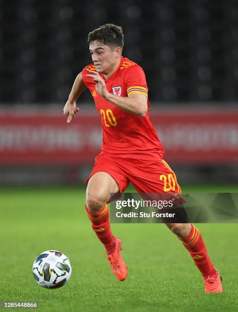 Wales player Daniel James in action during the international friendly match between Wales and the USA at Liberty Stadium on November 12, 2020 in...