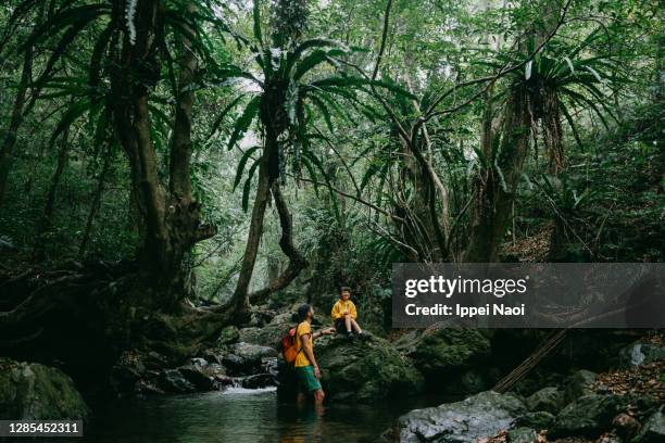 young girl and her father in jungle with river - kids at river photos et images de collection