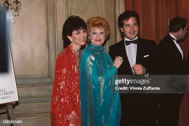 American actress and singer Lucie Arnaz, her mother American actress and comedian Lucille Ball , and Balls' son, American actor Desi Arnaz Jr attend...