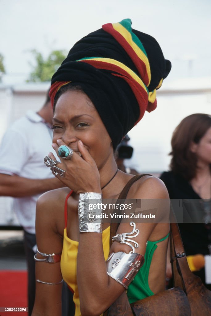 Badu Singer American singer-songwriter Erykah Badu, wearing a dress and matching ...