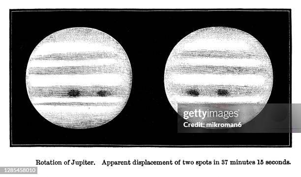old engraved illustration of rotation of jupiter - 2 objetos cometas fotografías e imágenes de stock