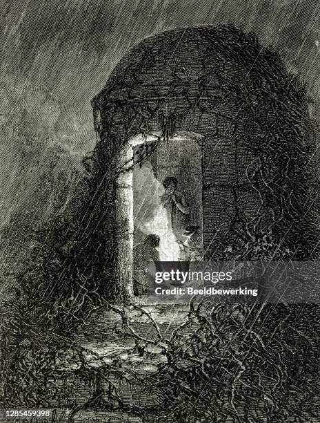 boys staying in castle on an adventurous night - florida house stock illustrations
