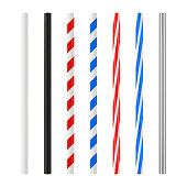 Realistic drinking straw set. Plastic cocktail tube with colored stripes. Vector mockup.