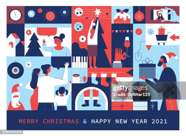 merry christmas and happy new year 2021 greetings - new years eve clock stock illustrations