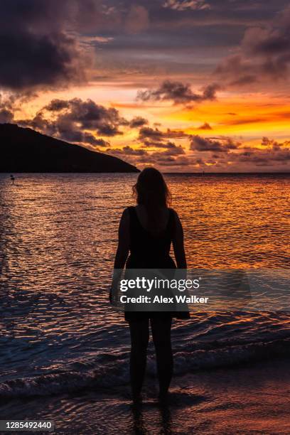 a young woman standing on a tropical beach watching the dramatic sunset. - fiji people stock pictures, royalty-free photos & images