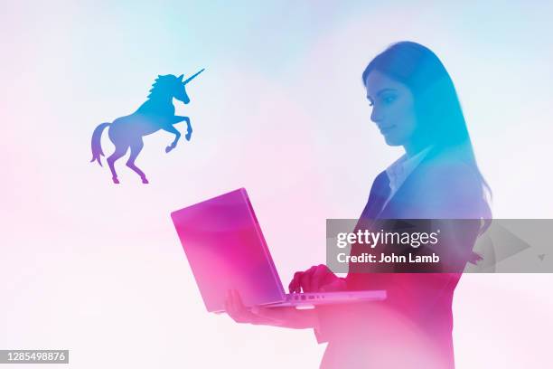 tech unicorn concept. unicorn is the term used to describe a startup company with a value of over  $1 billion. - silicon valley startup stock pictures, royalty-free photos & images