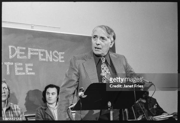 American Civil Rights attorney Charles R Garry speaks from behind a lectern at San Francisco State University, San Francisco, California, April 1975.
